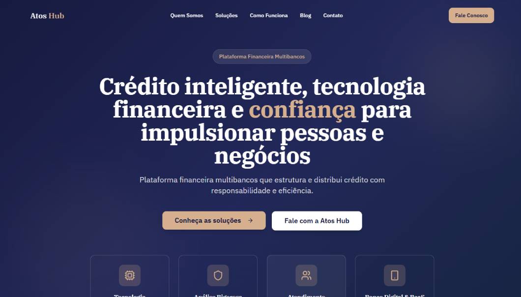 Página inicial da landing page da Atos Hub, fintech de crédito