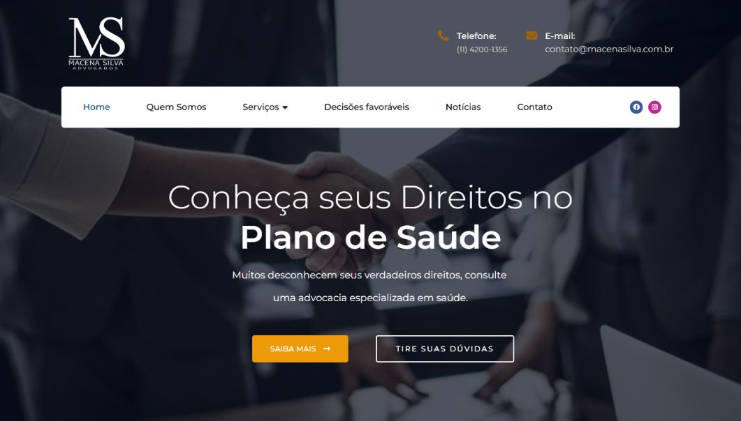 Página inicial do site institucional do escritório de advocacia Macena Silva