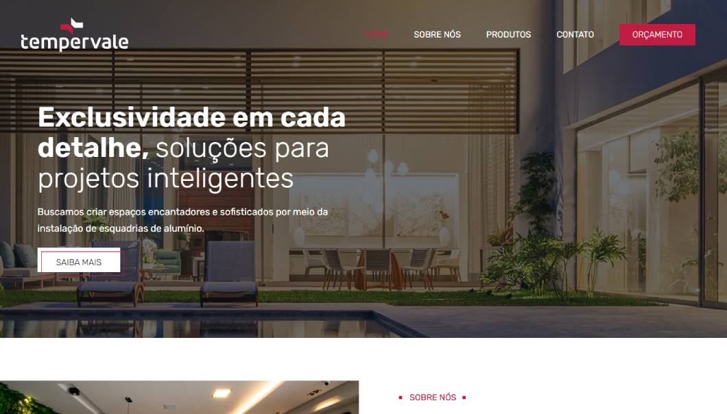 Página inicial do site institucional da Tempervale, empresa de esquadrias de alumínio